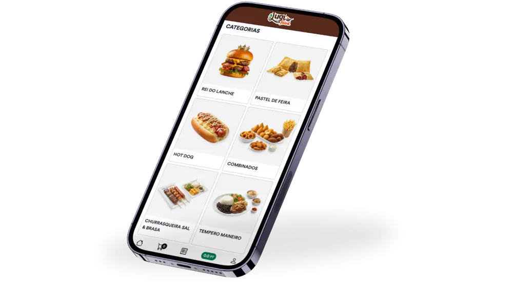 Aplicação Lugi Food aberta num telemóvel, com as categorias do menu